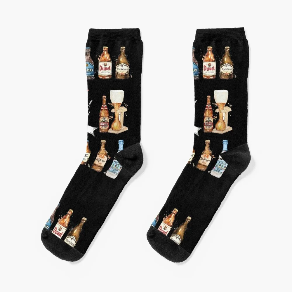 Chaussettes courtes aquarelle pour hommes et femmes, bas de Noël, types de bières belges