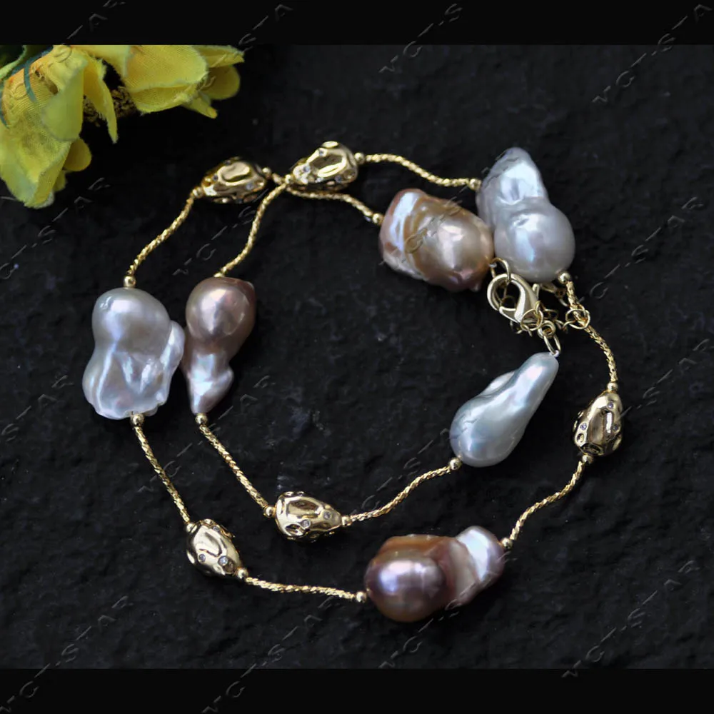 

Z14321 22 "25 мм розово-белое лавандовое ожерелье в стиле барокко Keshi Reborn с жемчугом и золотой фасолью