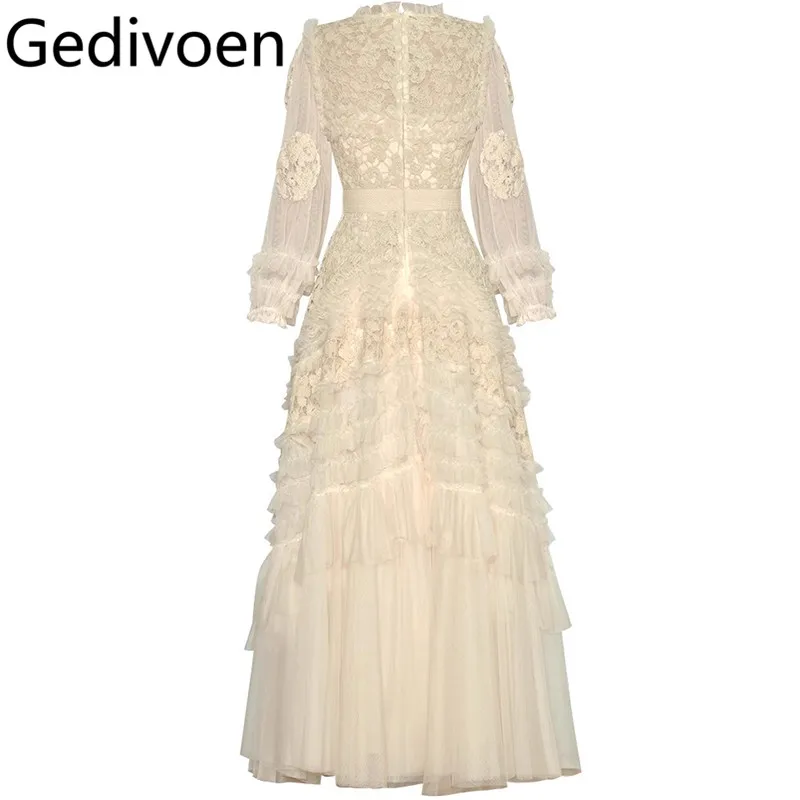 Gedivoen Autumn Winter Women's Dress Lantern Sleeved Hook flower hollow High Waiste Vintage Solid Color Dresses