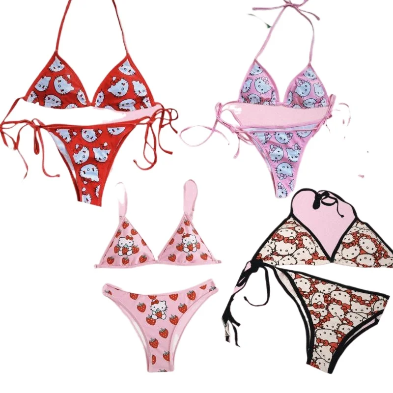 

Sanrio Hello Kitty Kawaii Bikinis Set Cute Cartoon Anime Summer Beach Soft Side Strappy Panties Kawaii Swimsuit Sexy Bikini Y2k