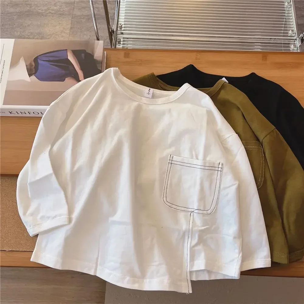 Boys Long-sleeved T-shirt Spring Autumn Korean New Children Solid Color Irregular Bottoming Shirt Baby Autumn Inner Tops