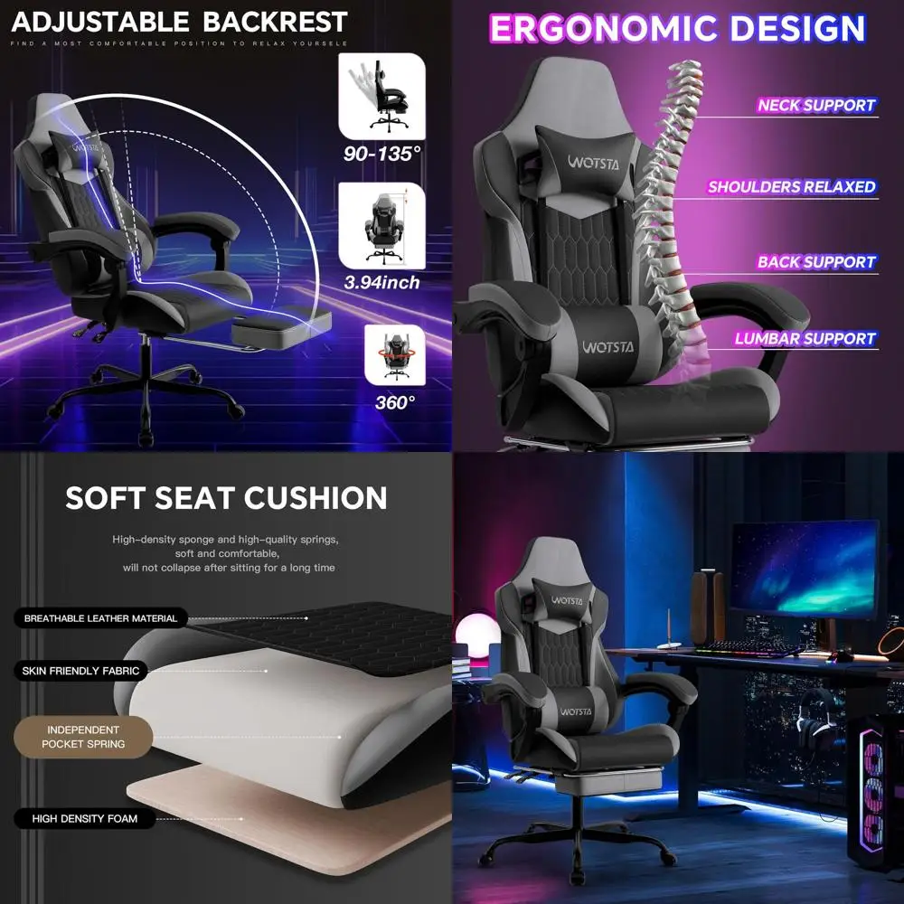 

Эргономичное игровое кресло из ПВХ-кожи с подставкой для ног, регулируемым подголовником и поясничной опорой для дома/офиса (черный/серый)