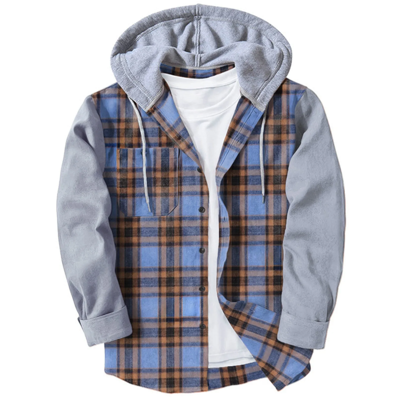

Spring And Autumn Men's Plaid Hoodie Shirt Long Sleeve Shirt Jackets Casual Button Down Shirts for Men Loose Fit Shirt Top
