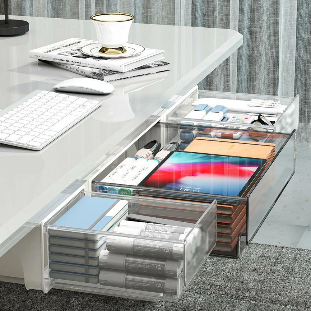 

Paste Storage Box Under Desk Hidden Drawer Clear Organizer Drawer Desk Supplies Holder Rack Memo Pen Stationery Storage Tray