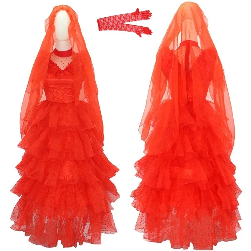 Disfraz de novia de escarabajo Lydia Deetz, vestido de novia gótico para mujer, vestido rojo, trajes de Halloween con velo, escarabajo, novia, Cosplay