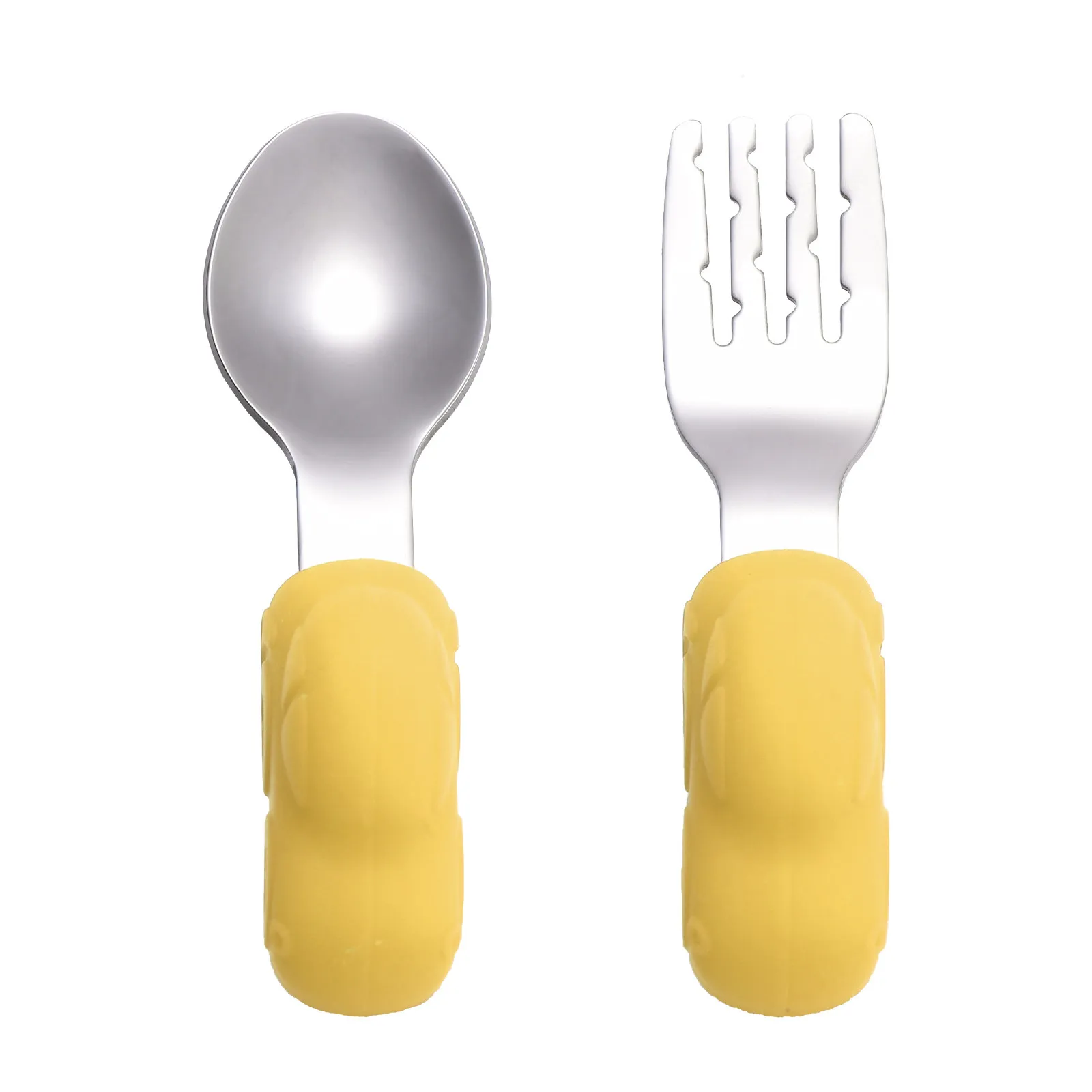 

Набор детской посуды для обучения самостоятельному приему пищи: силиконовая ложка и вилка из нержавеющей стали с короткой ручкой, эргономичный дизайн для малышей