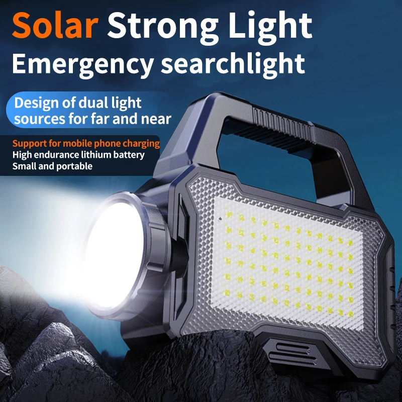 Portable Solar Lanterns Solar Powered Charging Bank Searchlight Outdoor Strong Light Flashlight Hand Lamp with COB Side Light