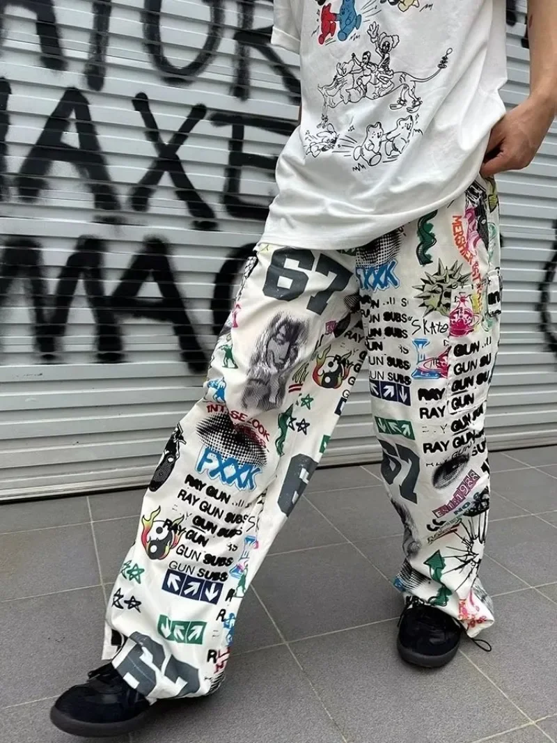 Graffiti Print Women Pants Chic Fashion Harajuku Drawstring Wide Leg Trousers Loose Pantalones Sweatpants Streetwear Korean Y2k