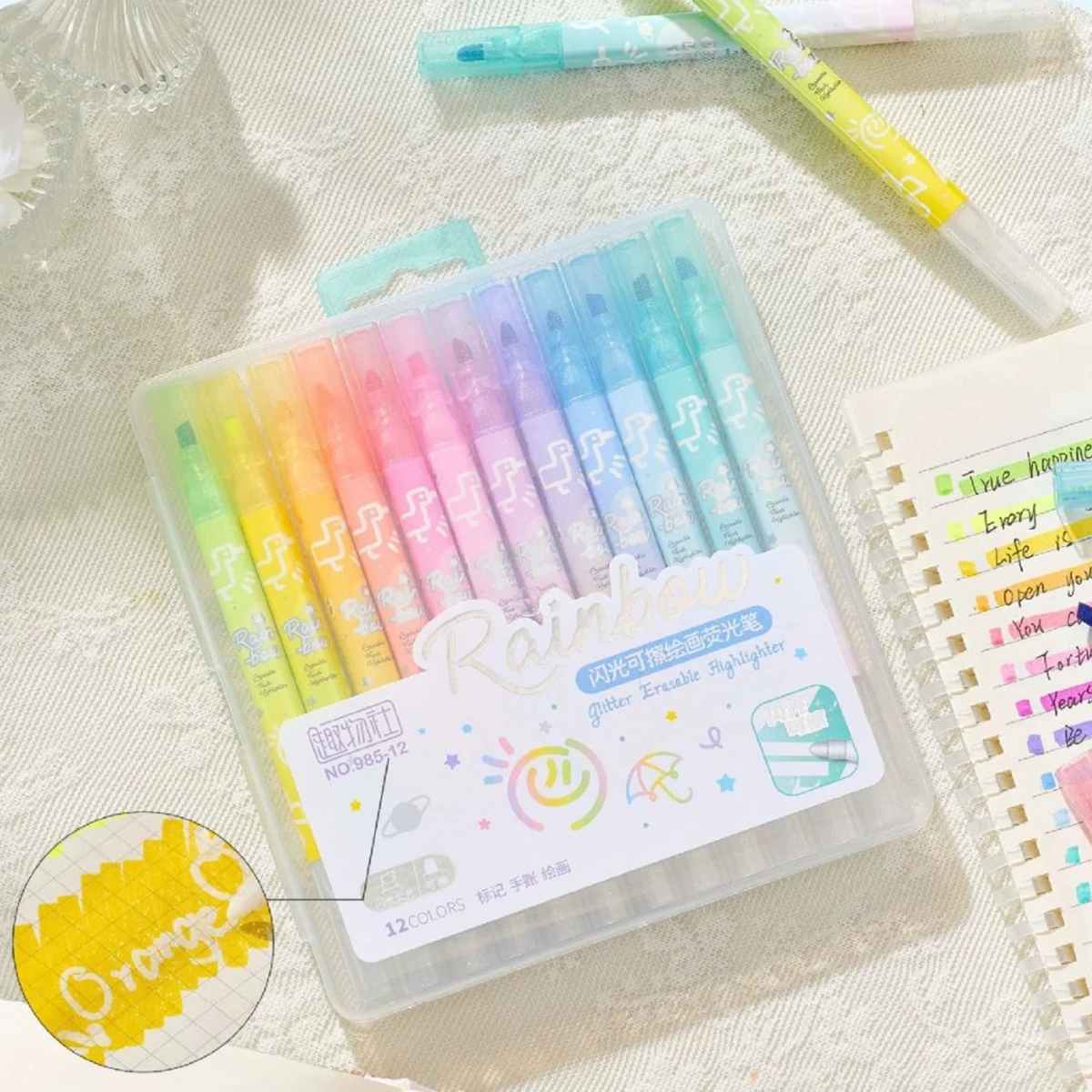 6/12 Farben Kawaii löschbarer Glitzer-Textmarker, Meißelspitze, Textmarker, Sammelalbum, bemalt, Schreibwarenzubehör – Detail 1