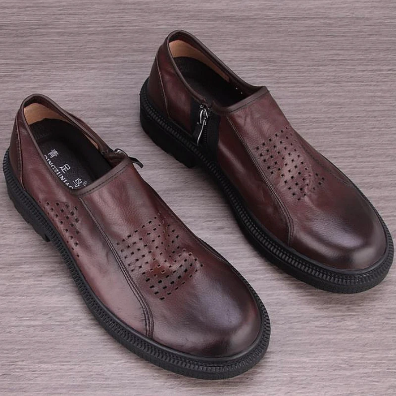 Vintage Genuine Leather Men\'s Casual Shoes Summer Perforated Roud Toe Thick Bottom Loafers British Style Side Zip Disnger Flats