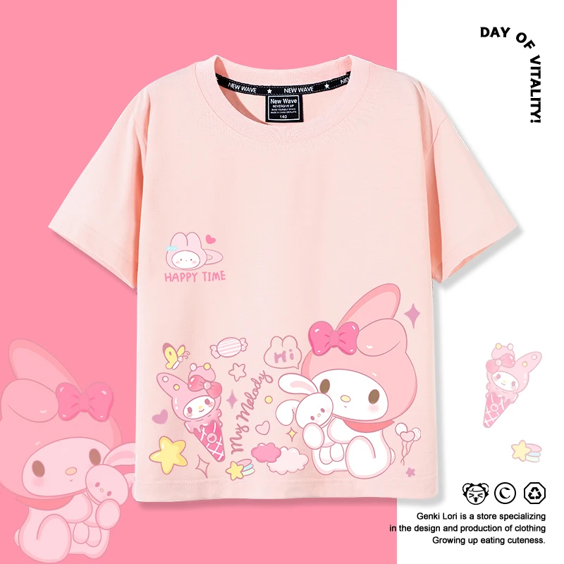 

2025 New Meileti Cute Short Sleeve T-shirt for Girls' Summer Cotton Cartoon Children's Clothing Half Sleeve Summer Dress