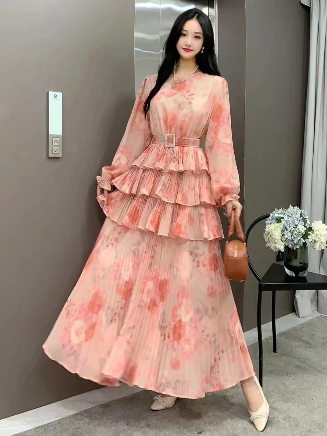 2024 New Spring Autumn Women Long Sleeve Belt Slim Long Dress High Quality Sweet Pleated Cake Big Hem Floral Dress 6 Colors