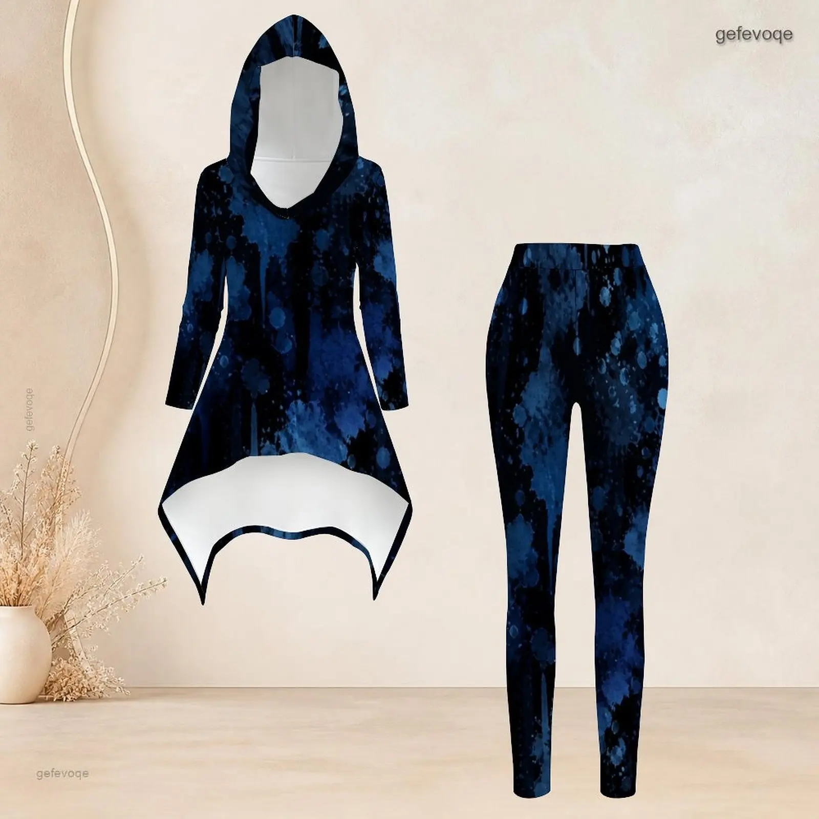 Women Abstract Blue Gold Printed Hooded Long Sleeve High Low Top Fitted Pants Two Piece Set view 2