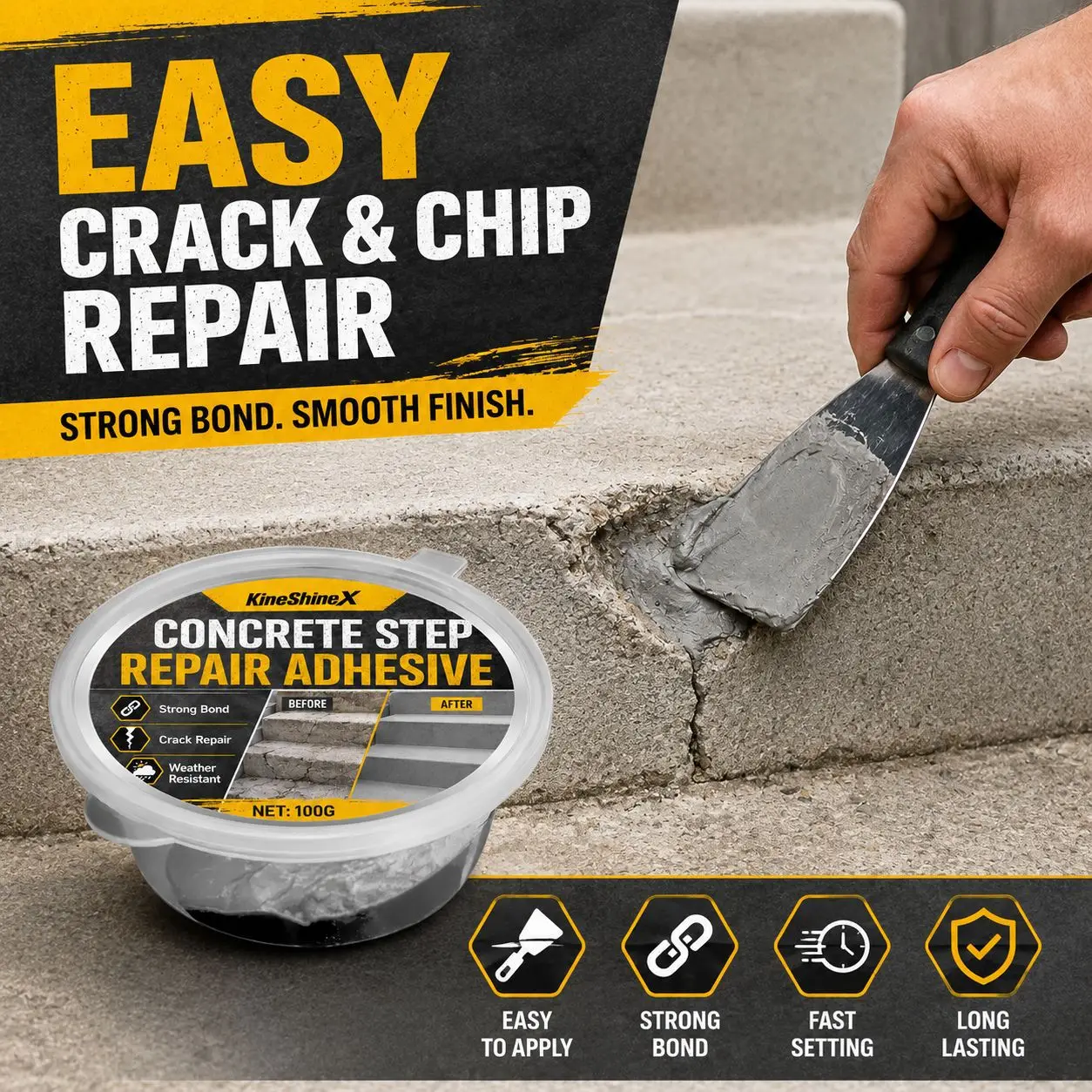 Concrete Repair Adhesive 100g for Cracks & Chips, Strong Bond Step Repair Filler for Stairs, Porch, Walkway Edges and Corners