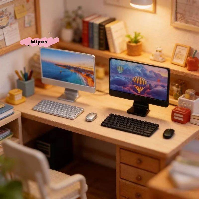 【M】Dollhouse Mini Laptop Computer Keyboard Mouse Kit Dollhouse Office Study Room Decor Accessories Micro Scene Pretend Play Toys