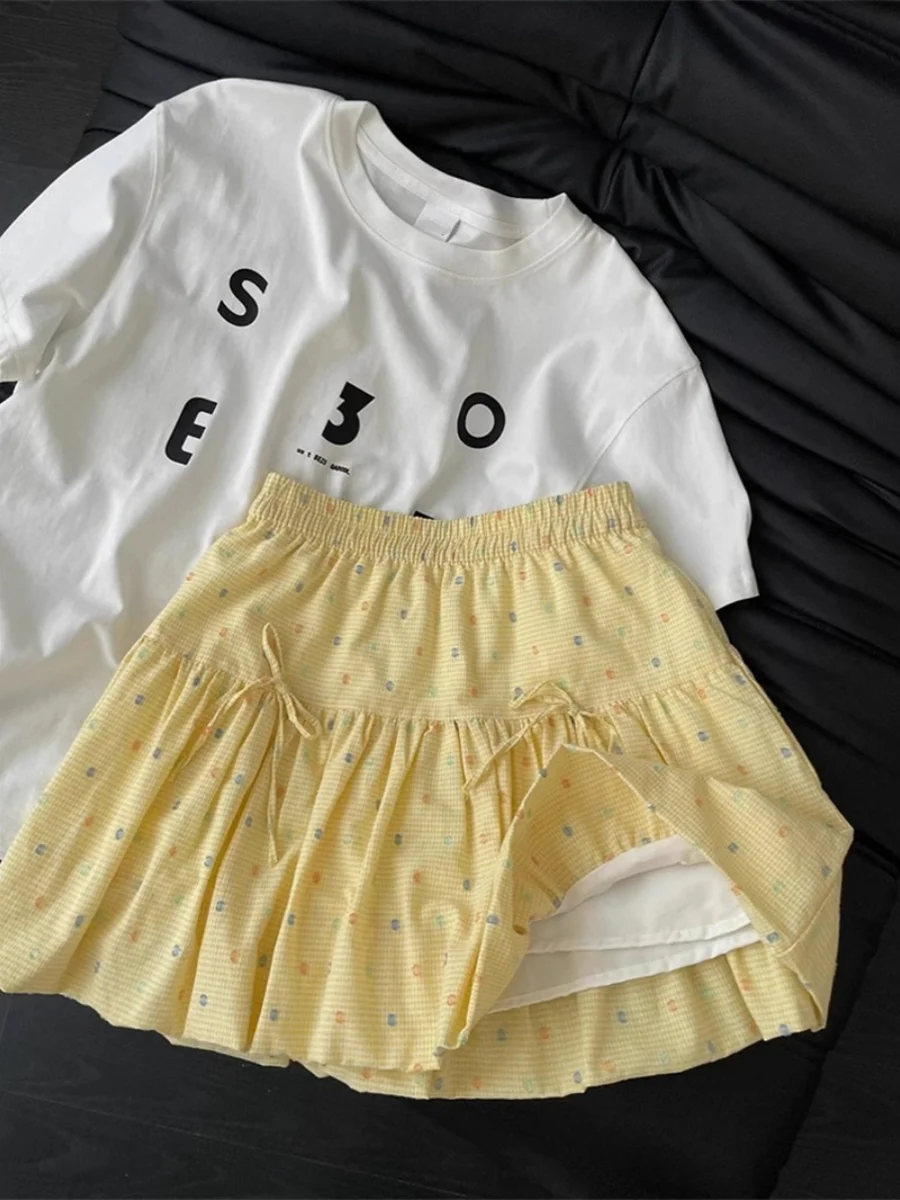 

Летняя женская короткая юбка А-силуэта с высокой талией, милая, в горошек, пышная, в корейском стиле, повседневная