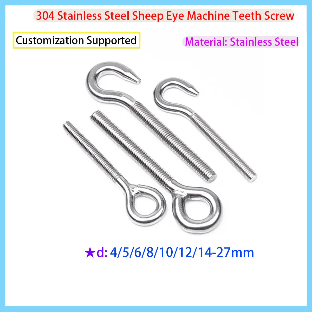 304 Stainless Steel Sheep Eye Bolt Hook M4 M5 M6 M8 M10 M12 M16 M20 M27