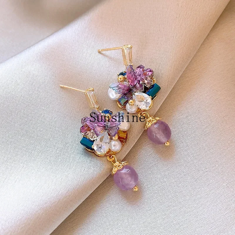 Niche design purple crystal women's small fresh flower stud earrings