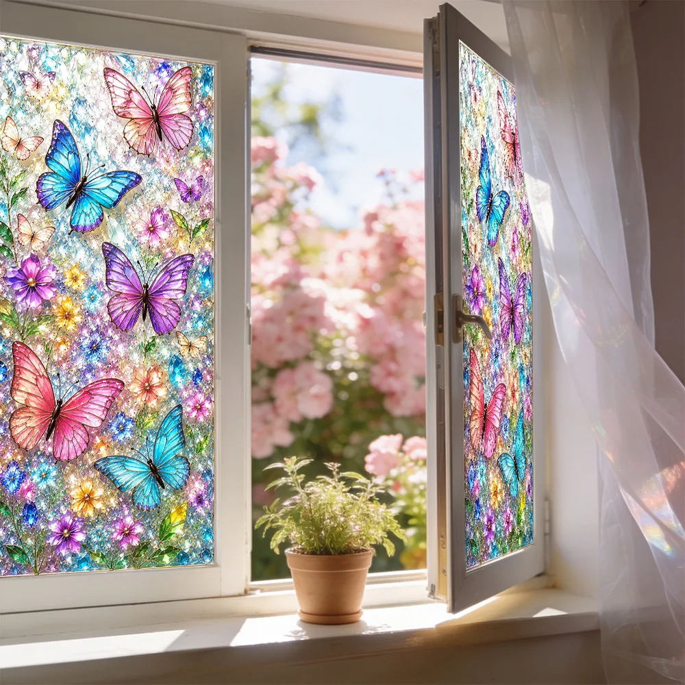 Dekorative Blumen- und Schmetterlings-Fensterfolie Ohne Klebstoff Elektrostatische Aufkleber Wasserdichte Buntglas-Fensterfolie