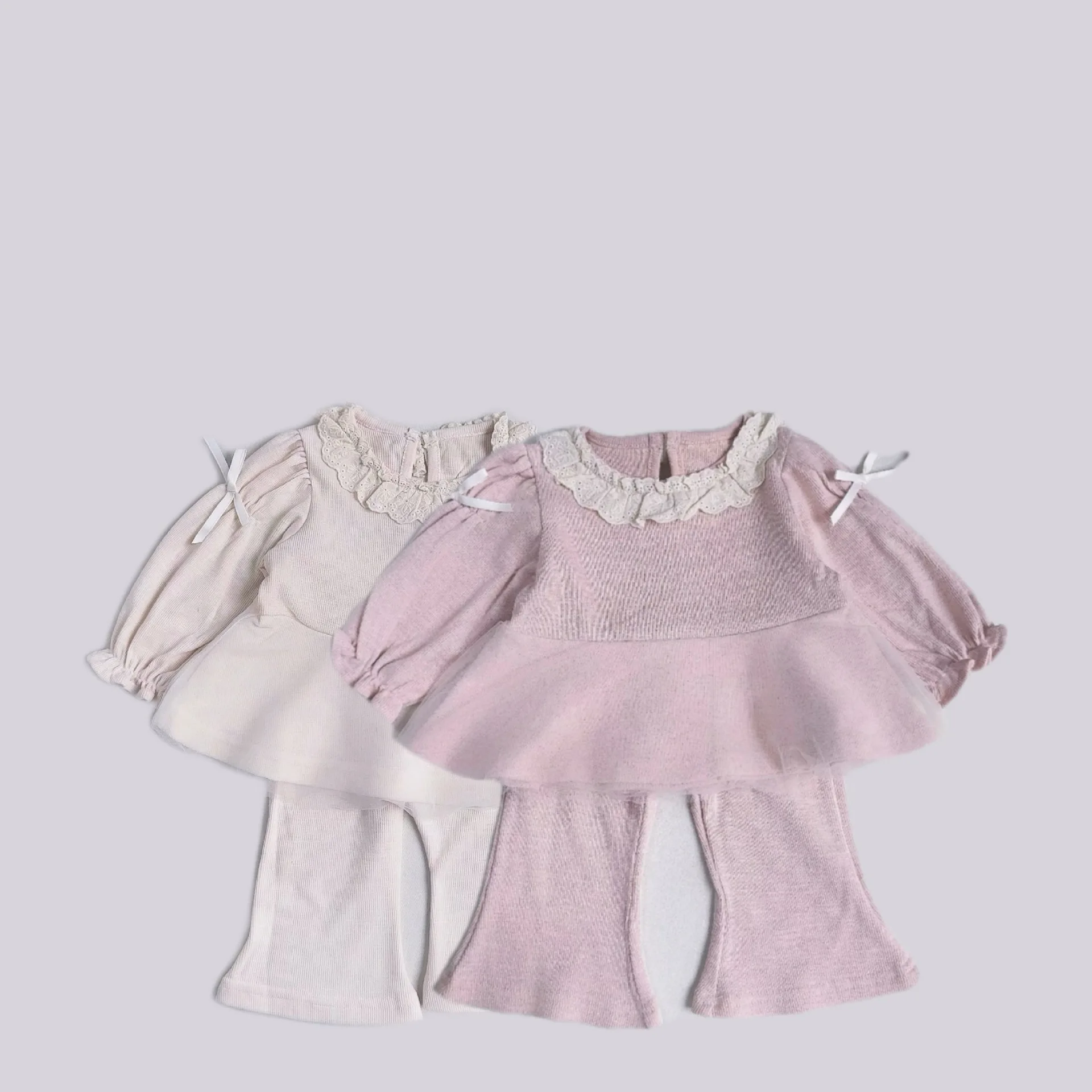 

2025 Autumn New Girls Long Sleeve Clothes Set Cute Baby Girl Lace Collar Bow Sweatshirt + Flared Trousers 2pcs Suit Kids Outfits