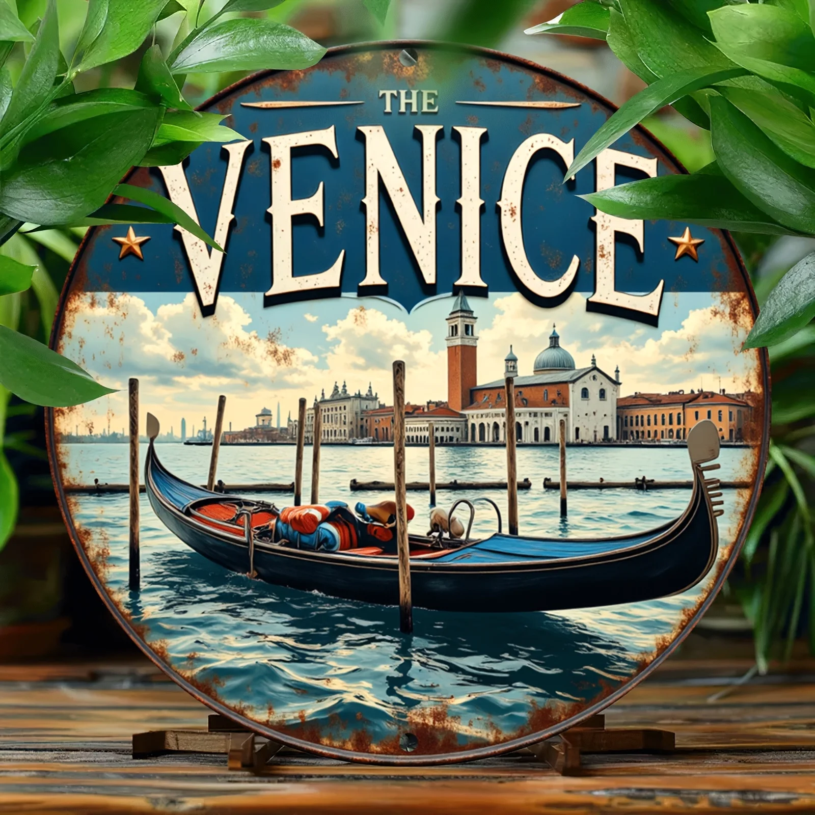 [2D Flat] Vintage Venice Gondola Metal Wall Art - Circular Retro Sign with Scenic Canal & Bridge Design, Perfect for Home, Cafe,