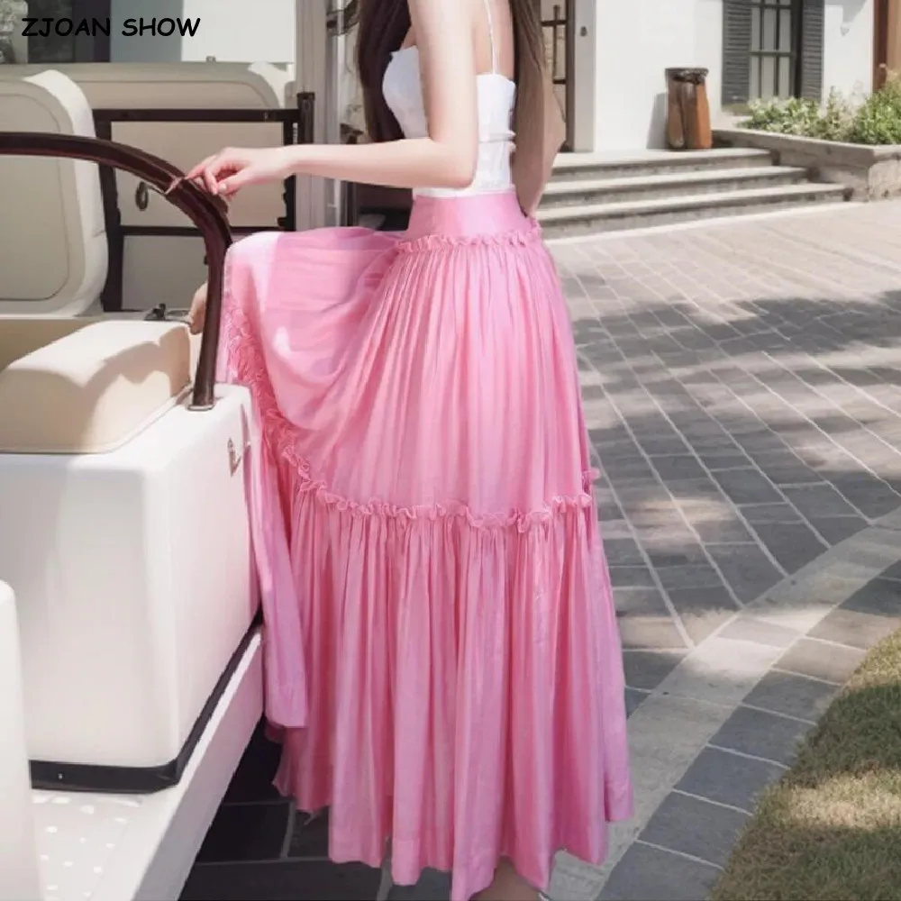 

2024 Holiday Plain Color Spliced Wood ears Ankle Length Long Skirt Women Ruched Swing A-lined Skirts Boho White Rose Pink