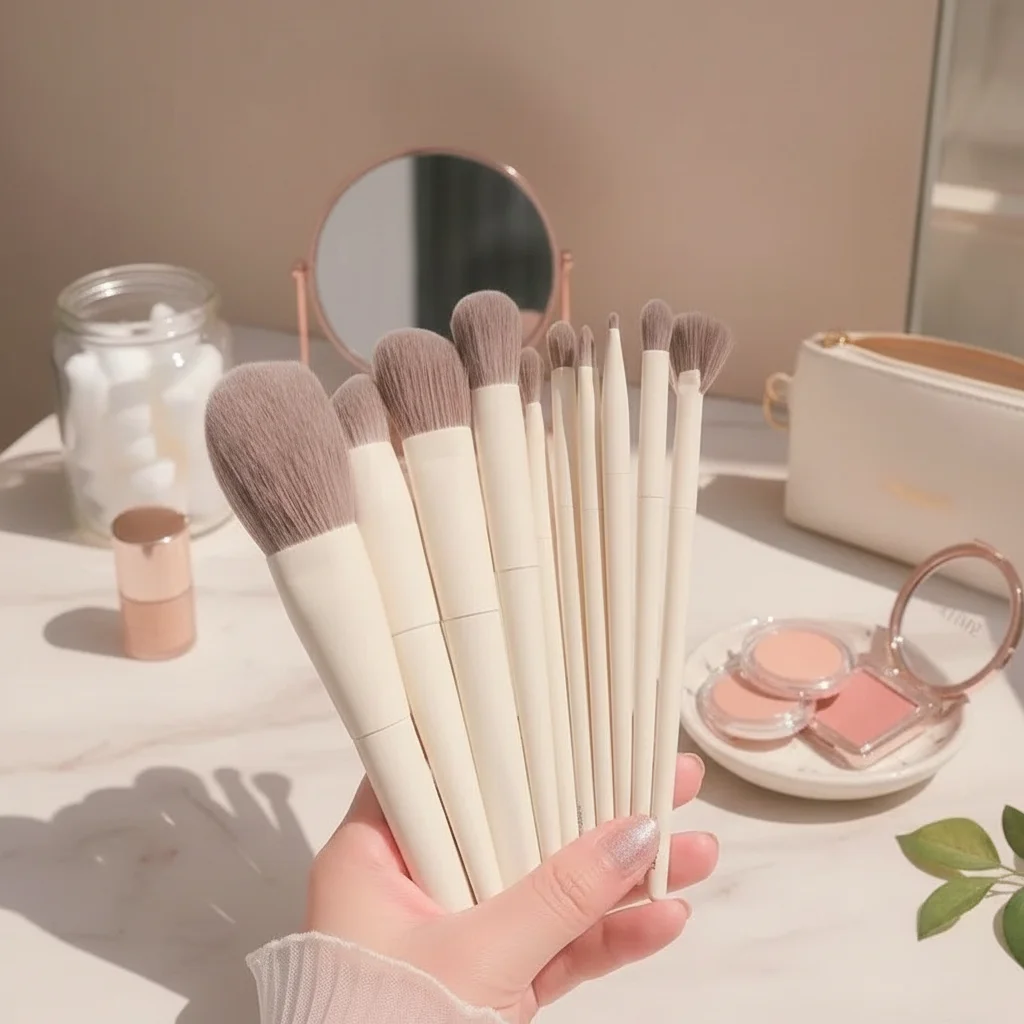 Conjunto de pincéis de maquiagem macios e fofos, 10 peças para mulheres, sombra, base, blush, mistura de ferramentas de pó cosmético