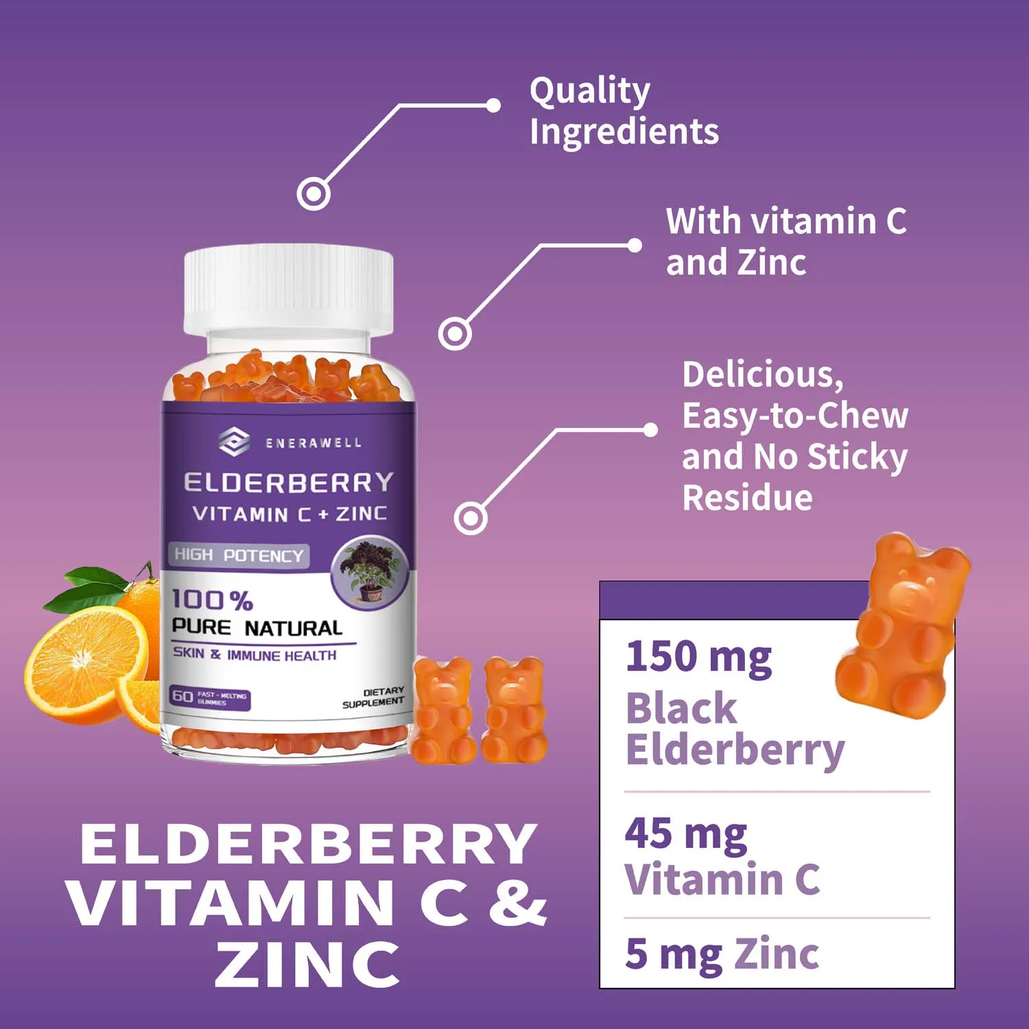 Elderberry Gummies for Immune with Black Elderberry Extract, Vitamin C, D3, Zinc, Provide Antioxidant & Immune System Support 60 Gummies