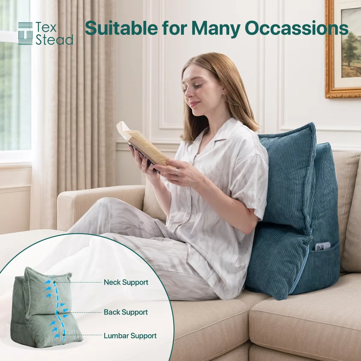 Corduroy Patchwork Wedge Pillow,Memory Foam Triangle Back Support,Anti-Bedsore Ergonomic Cushion,Woven Lumbar Rest for Bed Sofa