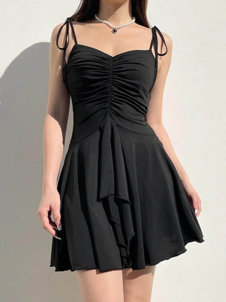 2024 Sexy Vintage Gothic Black Dress Women Aesthetic Coquette Fairycore Grunge Spaghetti Strap High Waist Sexy Dress Clubwear
