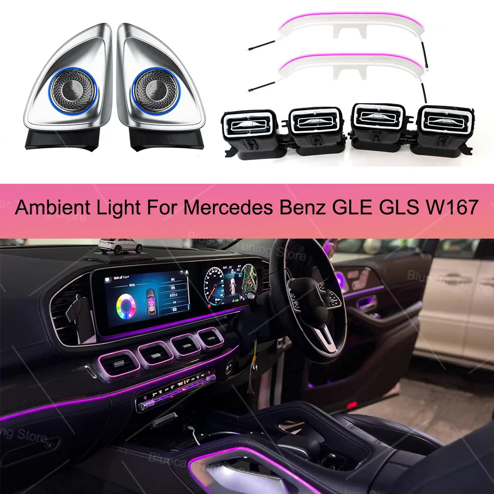 64-Farben-Ambientelicht-Kit für Mercedes Benz W167 GLE GLS GLE53 GLS63 Turbinen-Luftauslass 4D Rotierender Hochtöner LED Innenraumbeleuchtung