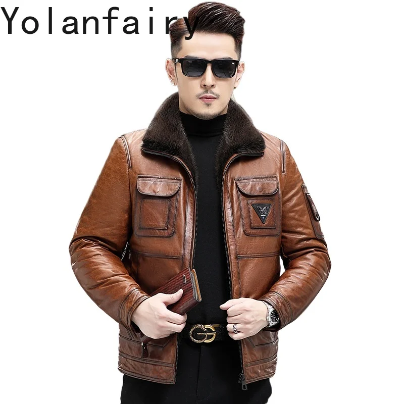 

YOLANFAIRY Genuine Leather Sheepskin Mens Jacket Short Winter Fashion Men's Clothing Mink Liner Jackets Lapel Coats Deri Ceket