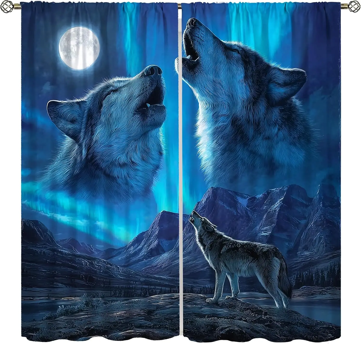 Howling Wolf Curtain Full Moon Aurora Snow Mountain Wild Animal Night Print Light Filter Drape For Farm Bedroom Kitchen Homestay