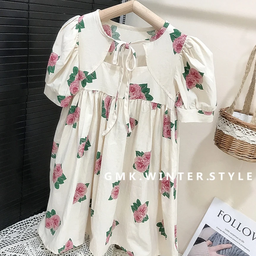 

Girls Skirt 2025 Summer New Childrens Clothing Korean Style Girl Baby Holiday Wind Bubble Sleeve Print Dress Casual Simple Daily