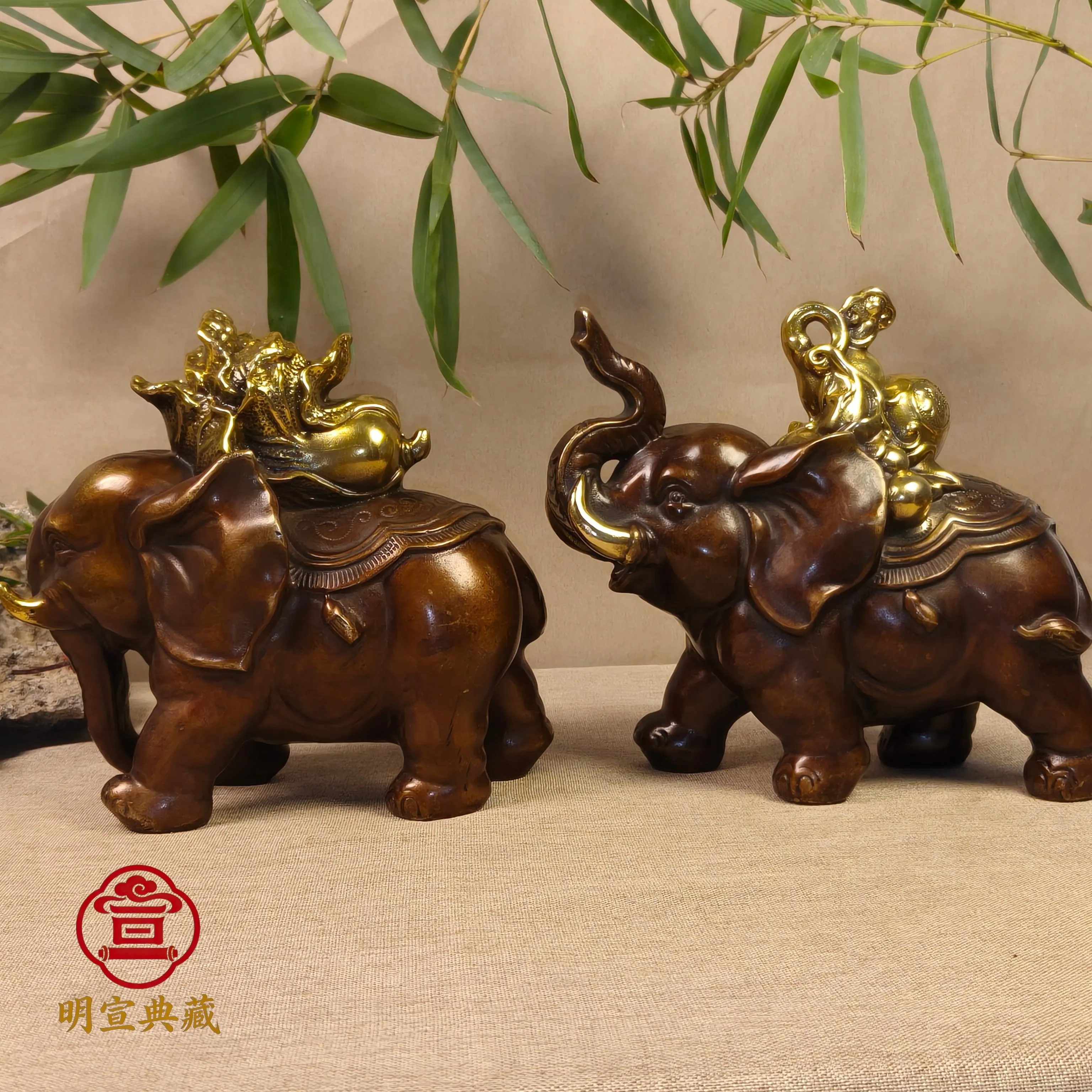 A Pair of Vintage Gilded Brass Ornaments Featuring Chinese Cabbage, Gourd (Symbolizing Blessings & Prosperity) and Elephant, Dec