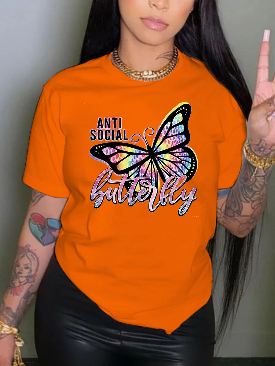 Fashion Plus Size Tops Rhinestone Butterfly Letter Print T-shirt Regular Short Sleeve Positioning Printing O Neck Tee For Women