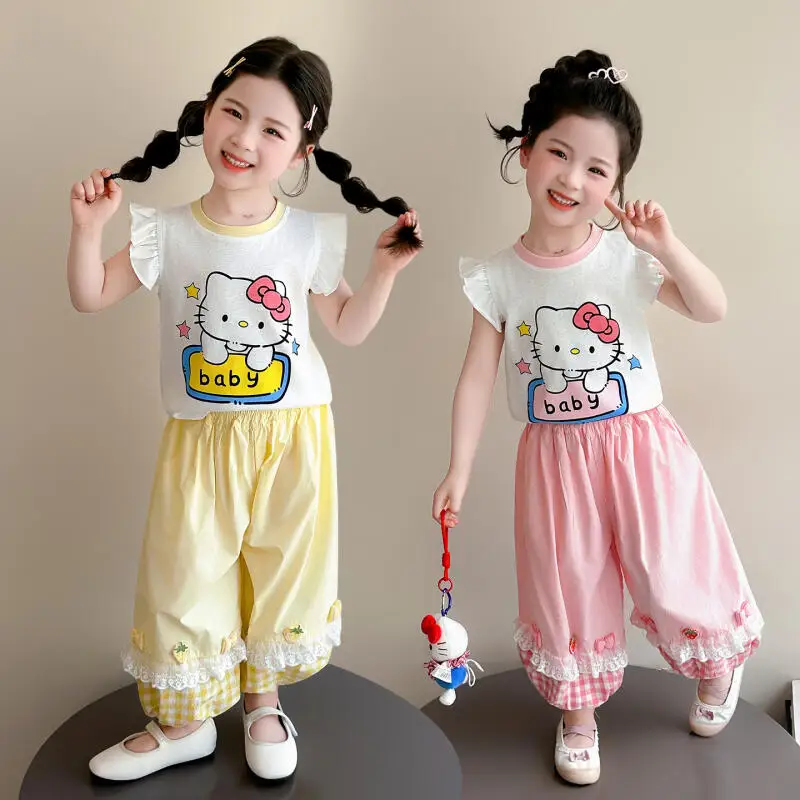 

Children's Short Sleeved Pants Set Girls Summer New T-Shirt Straight Leg Pants Girls Fashion Korean Wide Leg Pants Two-Piece Set