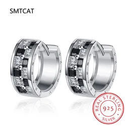 925 Sterling Silver Exquisite Check Fashion Ear Buckles for Women Black White Gemstone Hoop Earrings Fine Jewelry Gift SCE1372