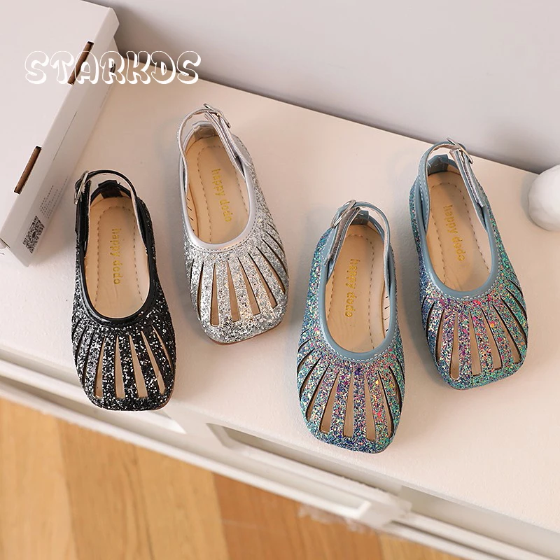 Peacock Blue Glitter Slingback Sandals Baby Girls Luxury Bling Cut Out Ballet Flats Toddler Child Soft Sole Party Mermaid Shoes