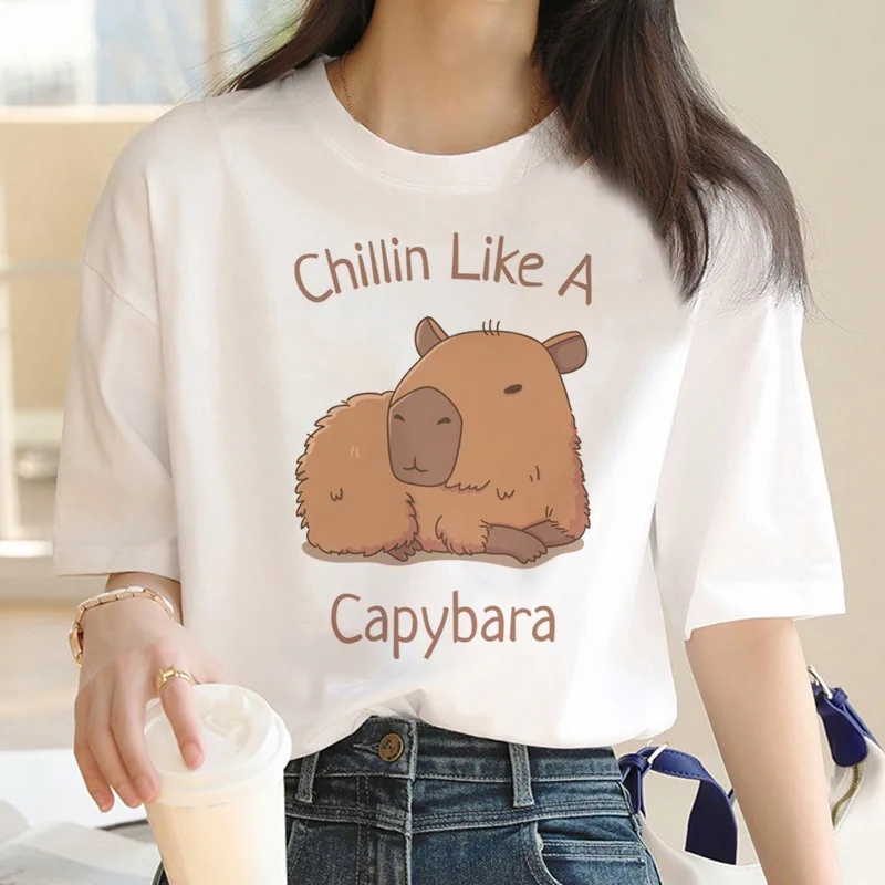 Camiseta estampada divertida para mujeres de capibara camiseta casual de moda y2k cuello redondo grande
