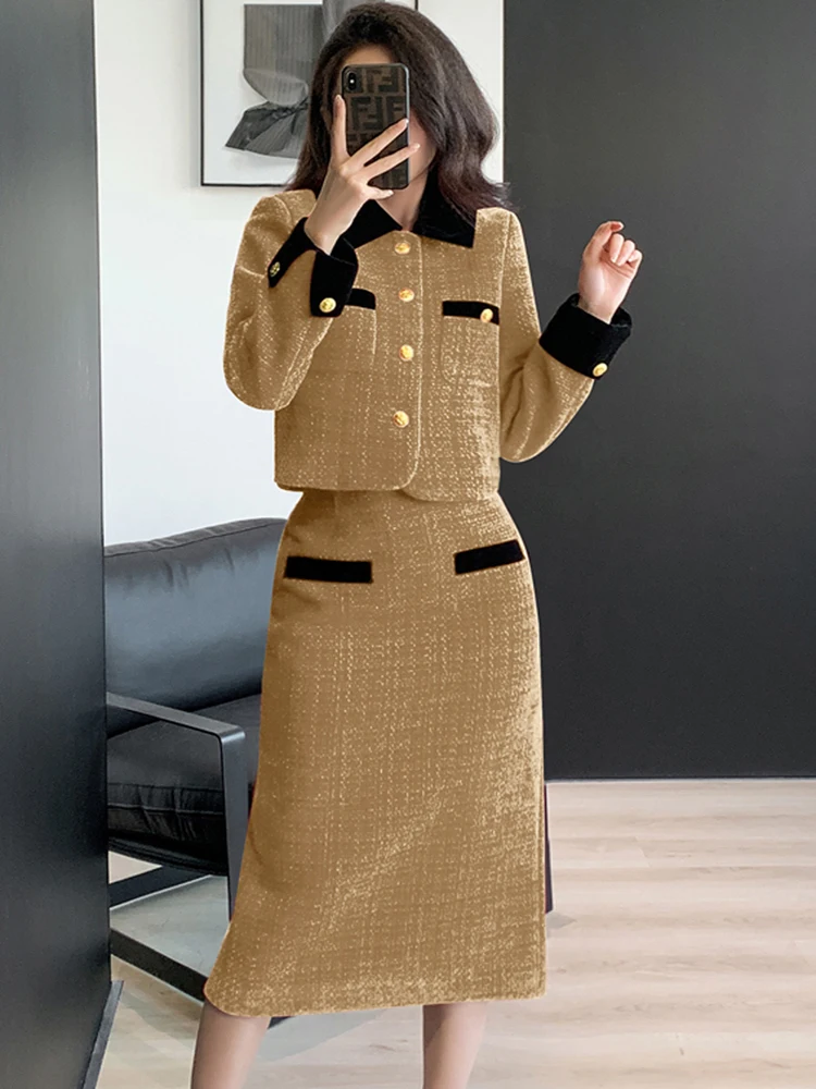 High-Quality Vintage Red Tweed Two Piece Set Women Short Jacket Coat + Bodycon Skirt Suits 2024 Fall Winter Elegant OL Outfits