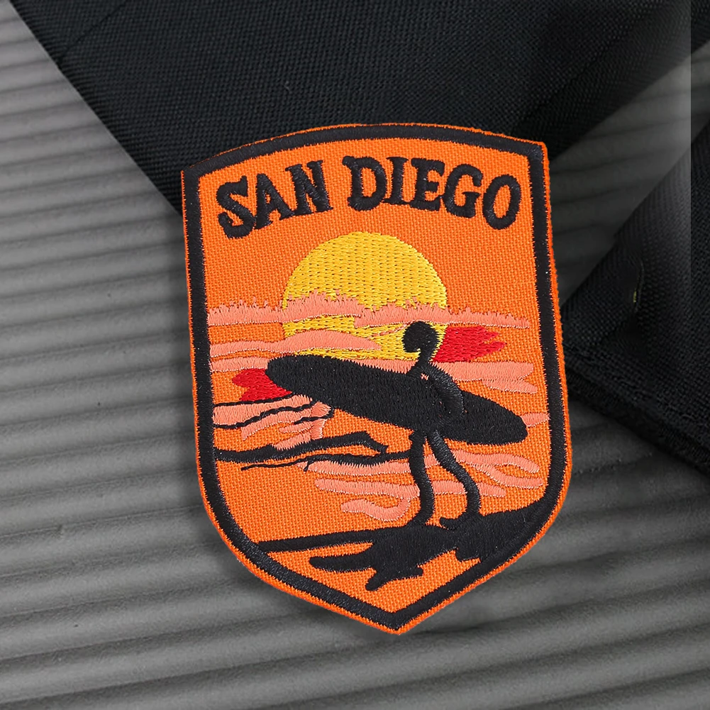 San Diego Surfing Embroidered Patch Sunset Beach Design Applique for Jackets Backpacks DIY Clothing Accessories Travel Souvenir