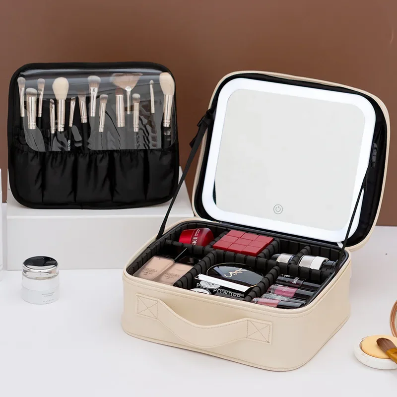 LED Lighted Cosmetic Case with Mirror Waterproof PU Leather Portable Travel Makeup Storage Bags make up organizer bag