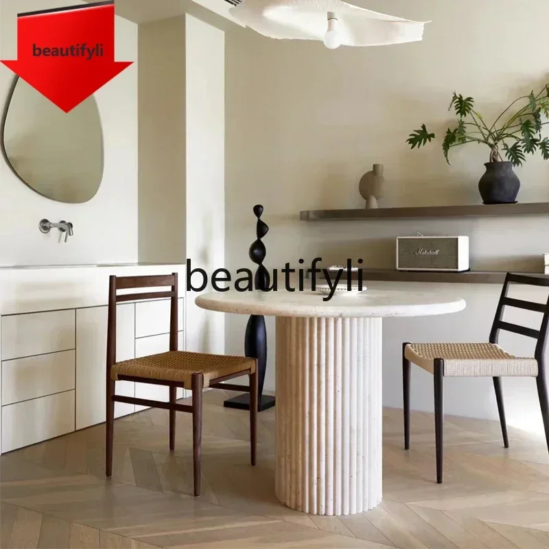 

Q181 Nordic cream wind tunnel stone dining table light luxury high-end round marble small apartment French living room round ta