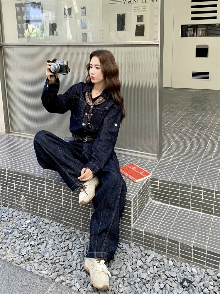 Vintage Casual Women Denim Rompers Spring Autumn Long Sleeve Single Breasted Streetwear High Waist Lady Hip Hop Cargo jumpsuits