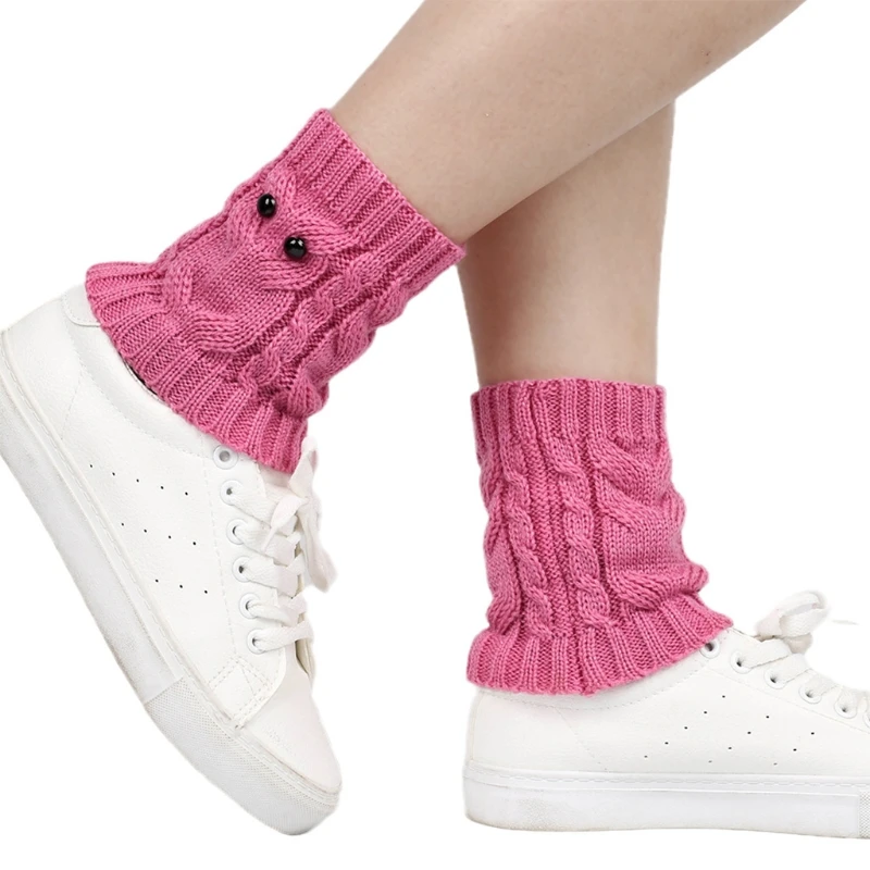 Women Winter Cable Knit Leg Warmers Owl Eyes Boot Cuff Ankle Socks