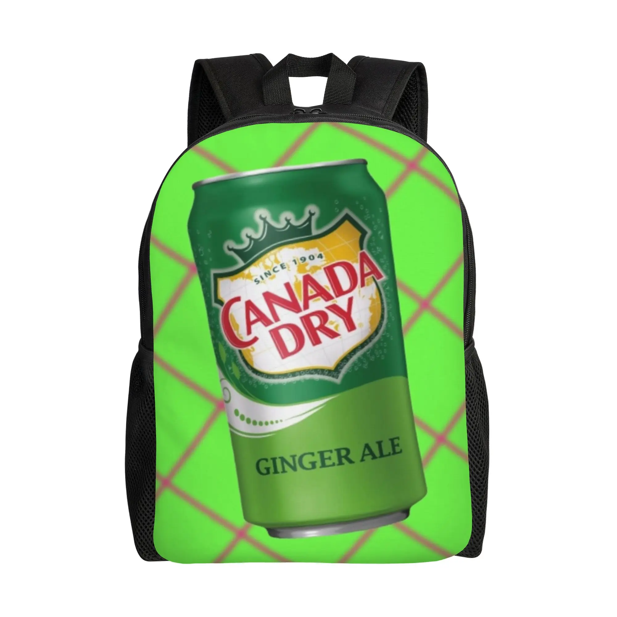 Mochila cCanada Dry con diseño de cerveza de jengibre y fondo de rejilla, mochila escolar de gran capacidad para mujer, temporada de regreso a clases