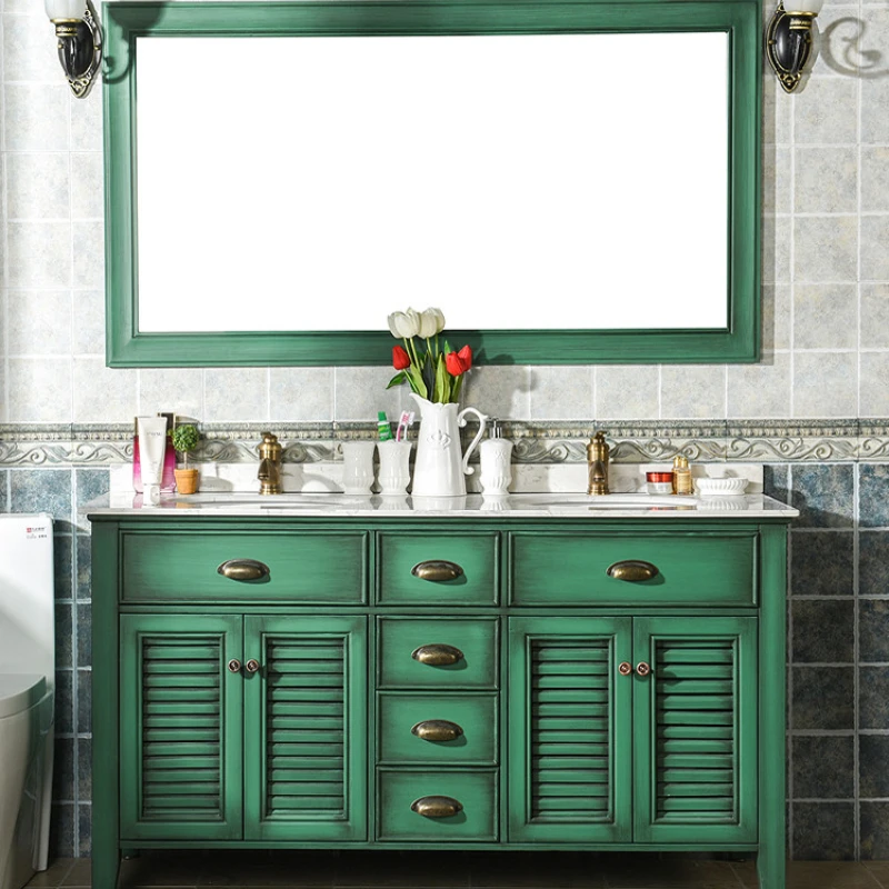 American solid wood bathroom combination floor-to-ceiling retro green washbasin  toilet basin cabinet