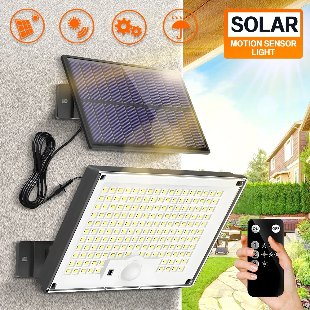 

Солнечные наружные фонари с 172 светодиодами, наружные прожекторы с датчиком движения, водонепроницаемость от сумерения до рассвета IP65, охранный светильник для сада