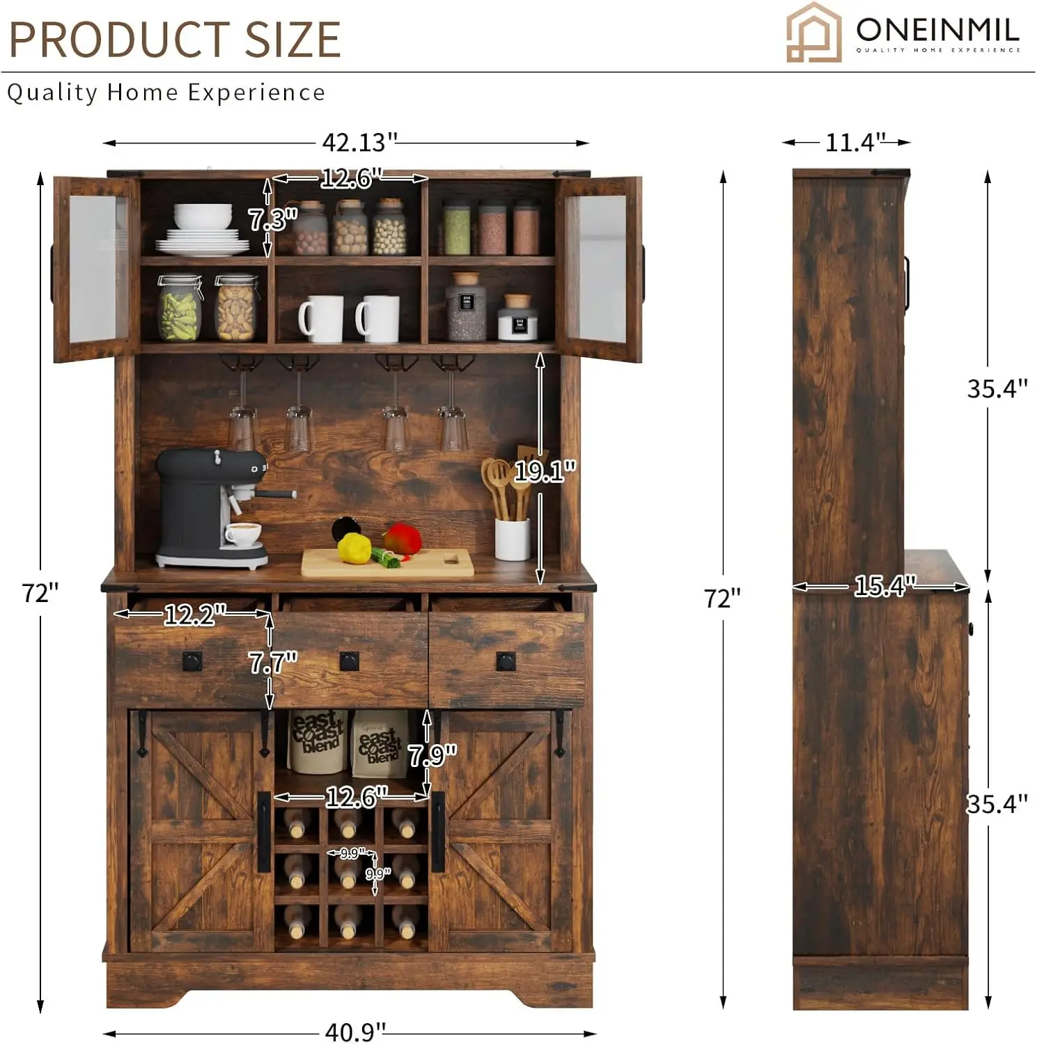 Oneinmil 보관함 포함 농가 커피 바 캐비닛, 서랍 3 개, 72 인치 높이 바 캐비닛, 슬라이딩 헛간 포함 와인 바 캐비닛